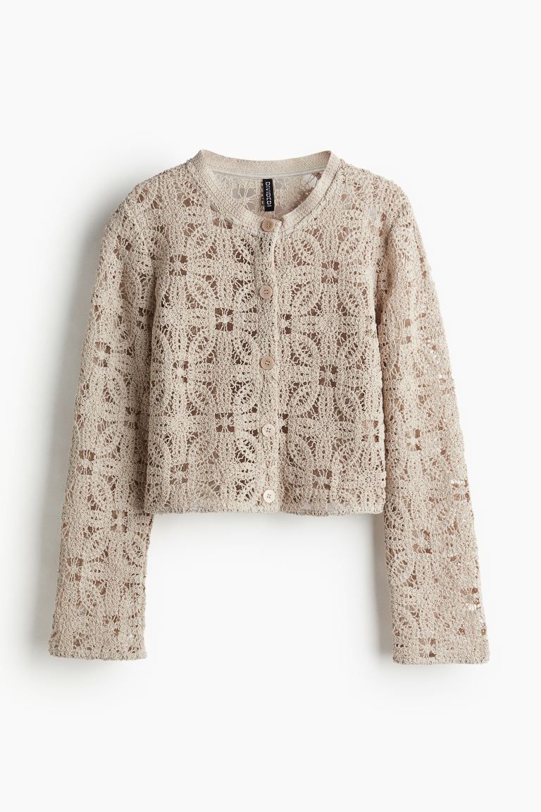 Crochet-look cardigan - Round neck - Long sleeve - Light beige - Ladies | H&M GB | H&M (UK, MY, IN, SG, PH, TW, HK)