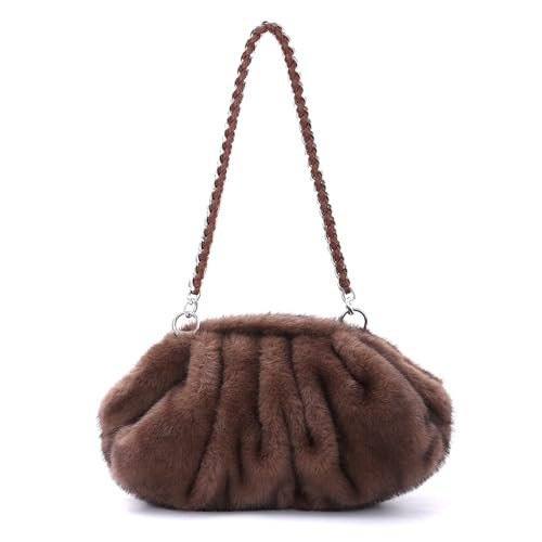 SUKUTU Dumpling Clutch Bag for Women Faux Fur Pleated Clouds Bag Vintage Fuzzy Plush Clutch Purse Fluffy Shoulder Bag, brown | Amazon (UK)