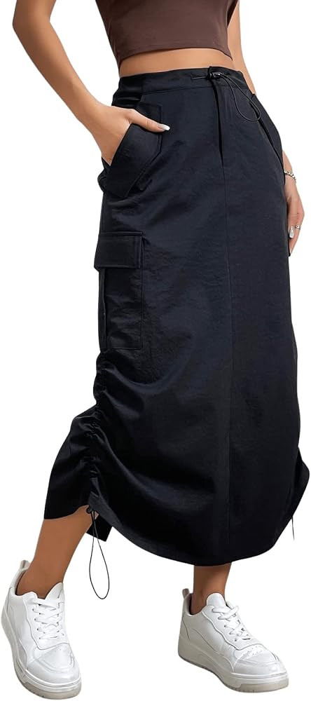 SweatyRocks Women's Drawstring Elastic Waist Cargo Skirt Split Back Straight Long Skirts with Poc... | Amazon (US)