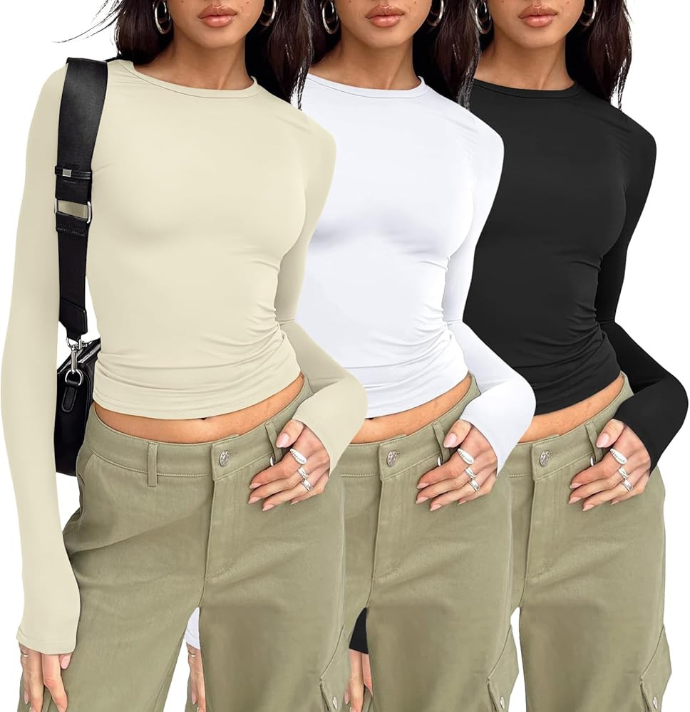 AUTOMET 3-Pack Women's Long Sleeve Crop Tops - Basic Fitted T-Shirts Set | Amazon (US)