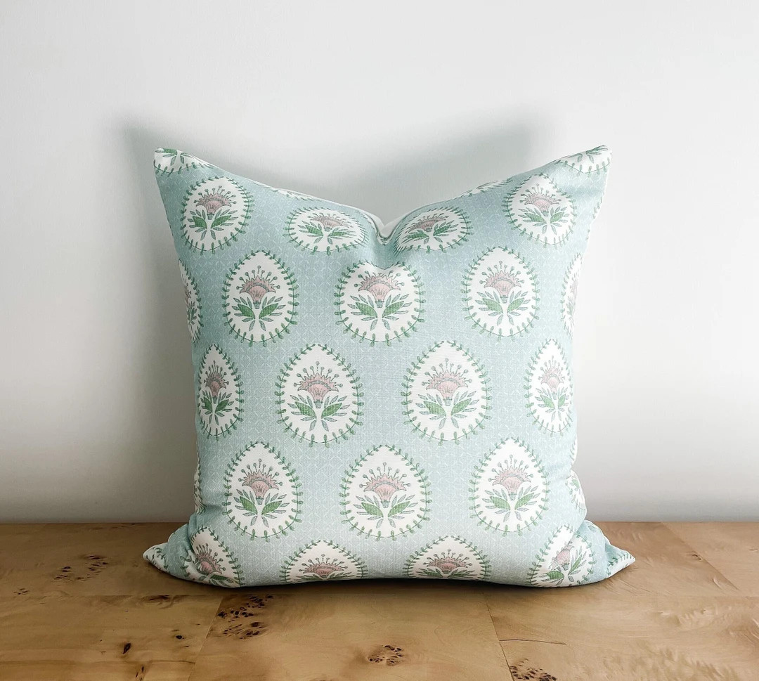 Danika Herrick Daphne Block Print Pillow Cover, Blue Pink Pillow, Paisley Floral Pillow, Grandmil... | Etsy (US)