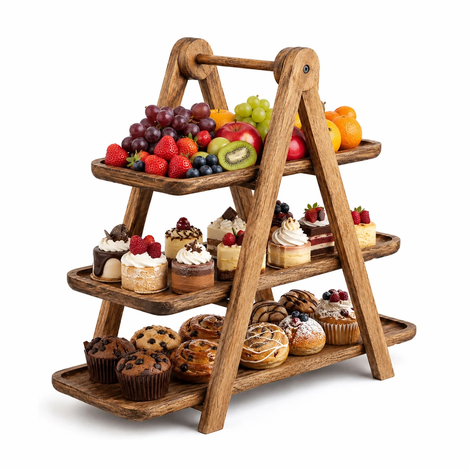 Wood 3 Tier Serving Tray, Foldable Wooden Farmhouse Tiered Tray, Tiered Cupcake Stand with Detachable Trays, Rectangle Serving Platter for Charcuterie Board, Dessert Table Display, Party Decor, Brown - Walmart.com | Walmart (US)