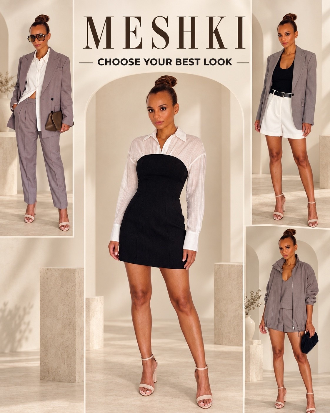 MESHKI outfit ideas for work, date night, and elevated everyday style. From a tailored gray pantsuit and chic blazer-and-shorts outfit to a black mini dress and relaxed matching set, these neutral looks are polished, modern, and easy to recreate. Which MESHKI look would you wear—1, 2, 3, or 4?

#MESHKI #MESHKIOutfits #WomensWorkwear #BlazerOutfit #DateNightOutfit #NeutralStyle #MatchingSet #OfficeOutfit #ChicOutfits #LTKFashion