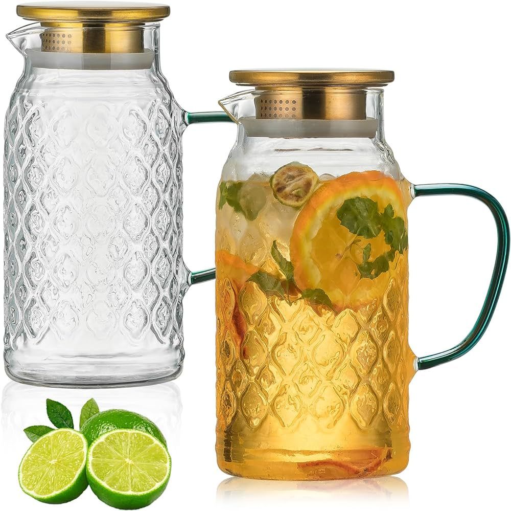 Buaic Glass Pitcher with Lid, 2 PACK 50 oz/1.5L Liter Vintage Water Pitcher, Clear Borosilicate G... | Amazon (US)