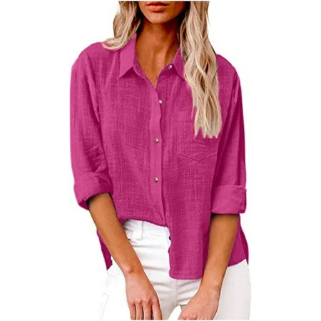 Women's Cotton Linen Button Down Shirts Long Sleeve Solid Color Lapel V Neck Casual Fall Work Blo... | Walmart (CA)
