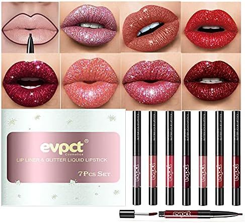 7Pcs Glitter Metallic Lip Liner and Lipstick Set Kit,evpct Matte to Glitter Liquid Lipstick Lip G... | Amazon (US)