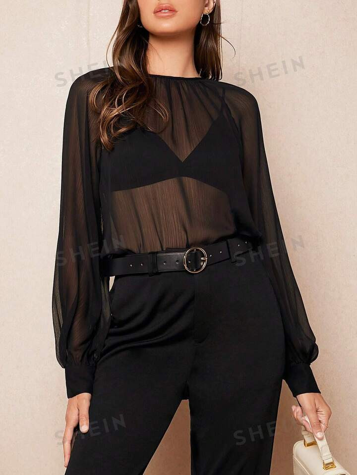 SHEIN BIZwear Solid Raglan Sleeve Sheer Mesh Top Without Bra | SHEIN