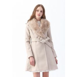 Faux Fur Collar Belted Flare Coat in Nude Pink | Chicwish