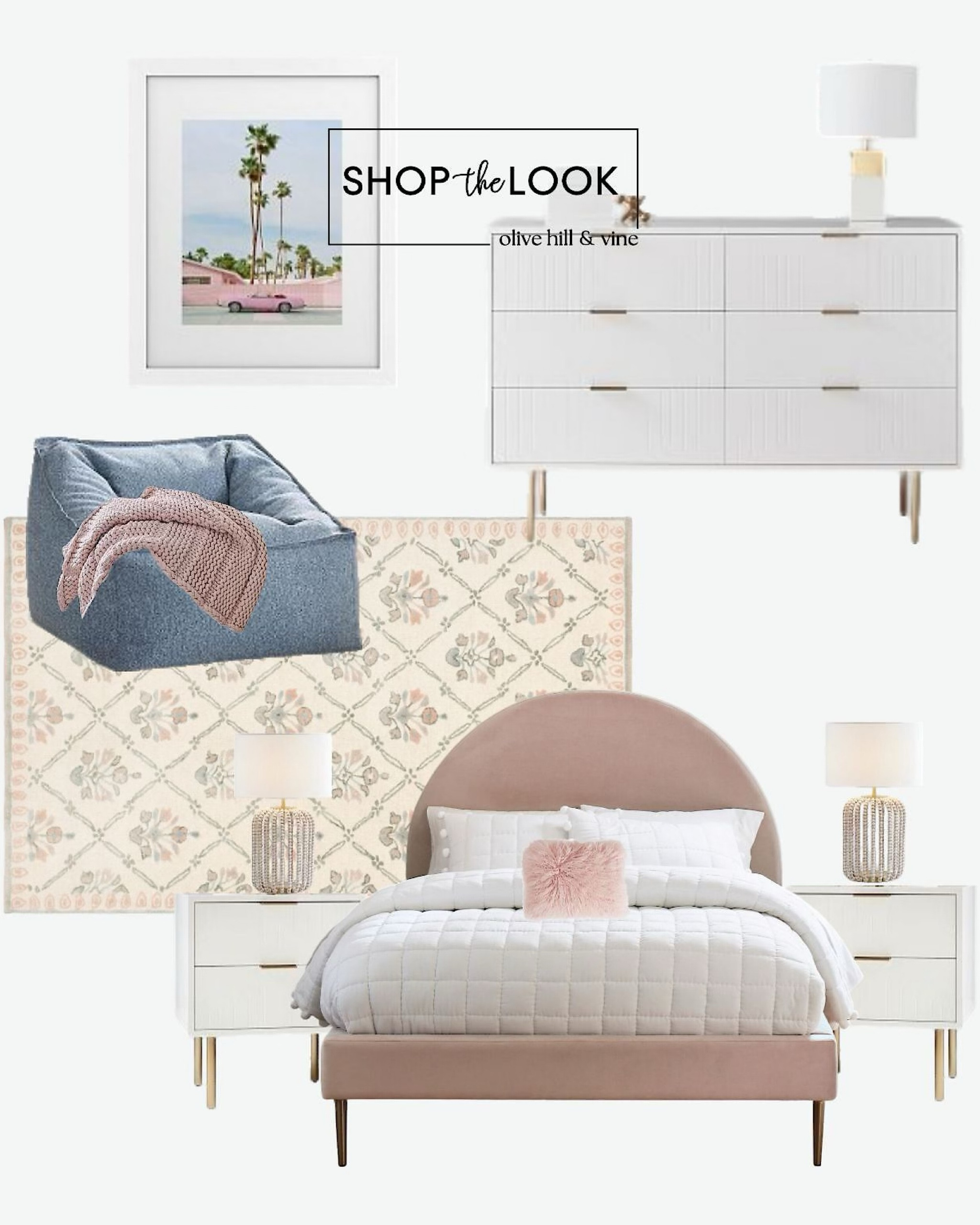 Give your teen a stylish space they’ll love! This chic bedroom features a nightstand and dresser set with intricate carved white panels and brass hardware, a plush cube lounger, a round headboard bed, a floral bouquet rug, a chunky knit throw, a fur pillow, and a wood bead table lamp. A Palm Springs framed art print adds the perfect retro touch!

#LTKFamily #LTKHome #LTKKids