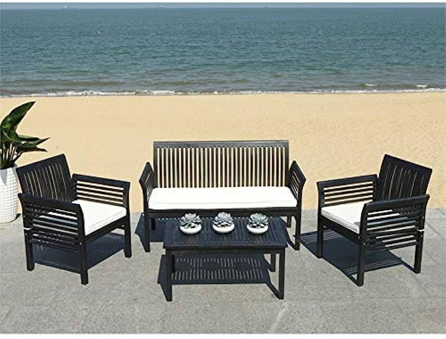 SAFAVIEH Outdoor Collection Carson Black/ White Cushions 4-Piece Conversation Patio Set | Amazon (US)