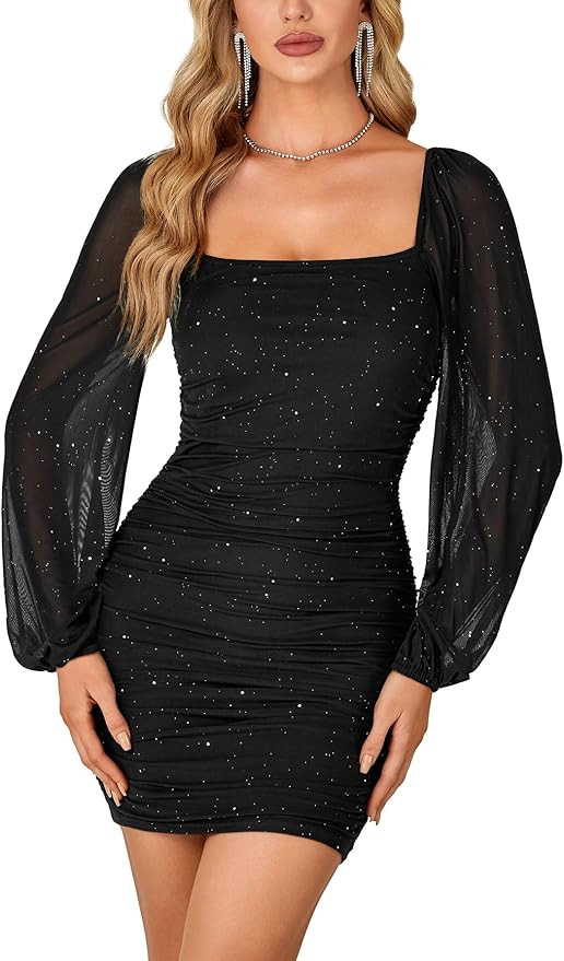 Rooscier Women's Glitter Mesh Long Sleeve Square Neck Ruched Bodycon Party Mini Dress | Amazon (US)