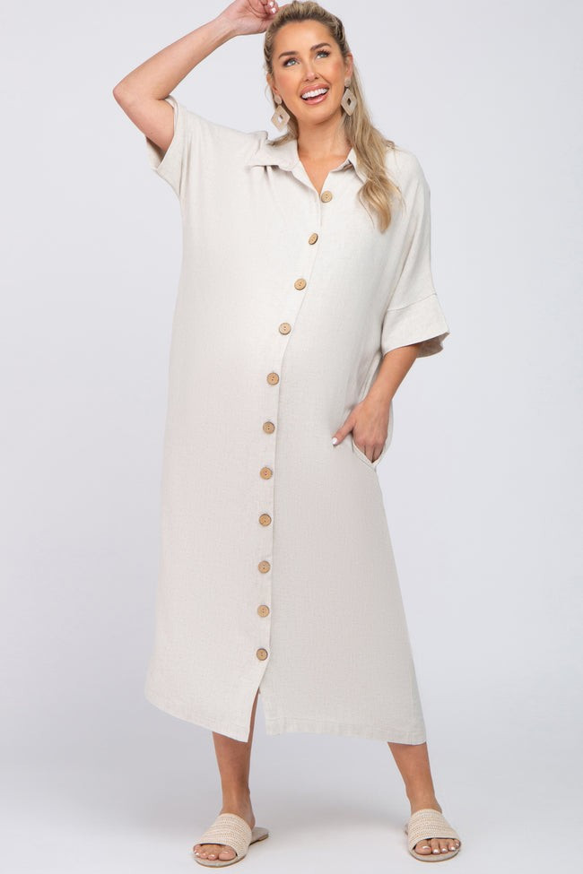 Beige Oversized Button Down Maternity Midi Dress | PinkBlush Maternity