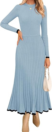 ZESICA Women's Long Sleeve Sweater Dress Fall 2025 Crewneck Ribbed Knit Pleated A-Line Maxi Weddi... | Amazon (US)