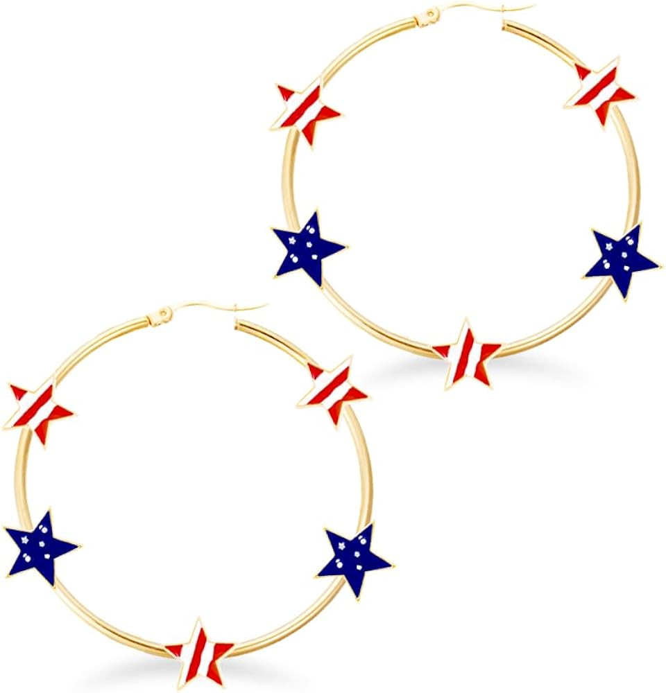 American Flag Independence Day Hoop Earrings Enamel Five Pointed Star Dangle Earrings Red Blue Wh... | Amazon (US)