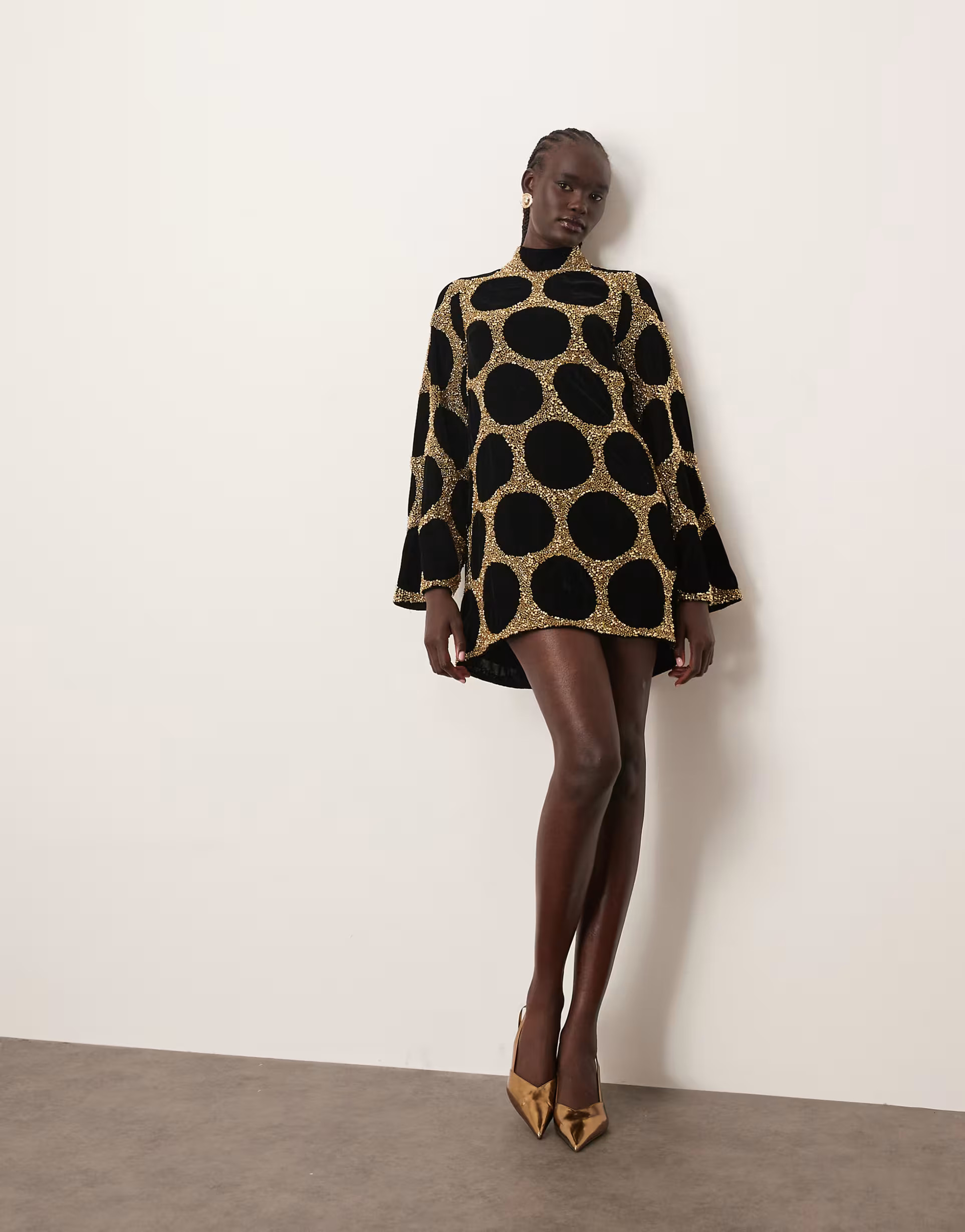 ARRANGE embellished spot high neck long sleeve mini dress in gold | ASOS | ASOS (Global)