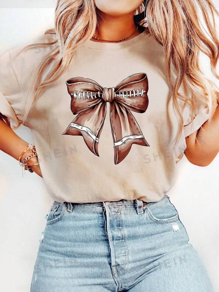 SHEIN LUNE Women's Casual Bowknot Football Pattern T-Shirt | SHEIN USA | SHEIN