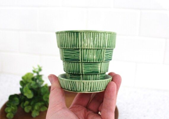 3'' Green McCoy Basket Weave Flower Pot / Vintage Green McCoy Flower Pot / B669 | Etsy (US)