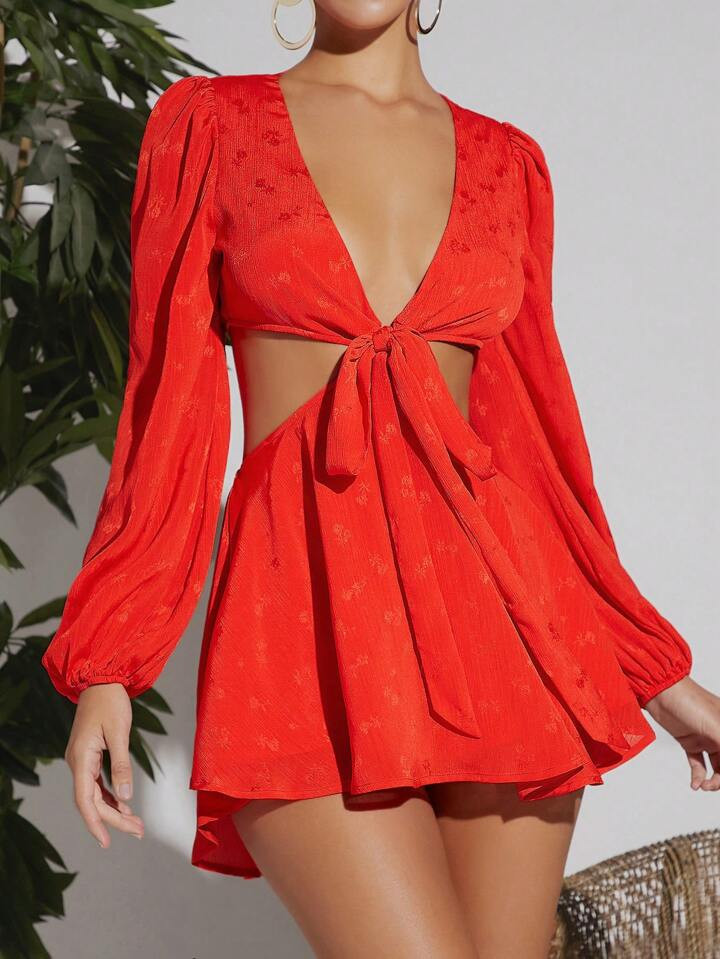 SHEIN VCAY Ditsy Floral Pattern Lantern Sleeve Knot Front Cut Out Romper | SHEIN