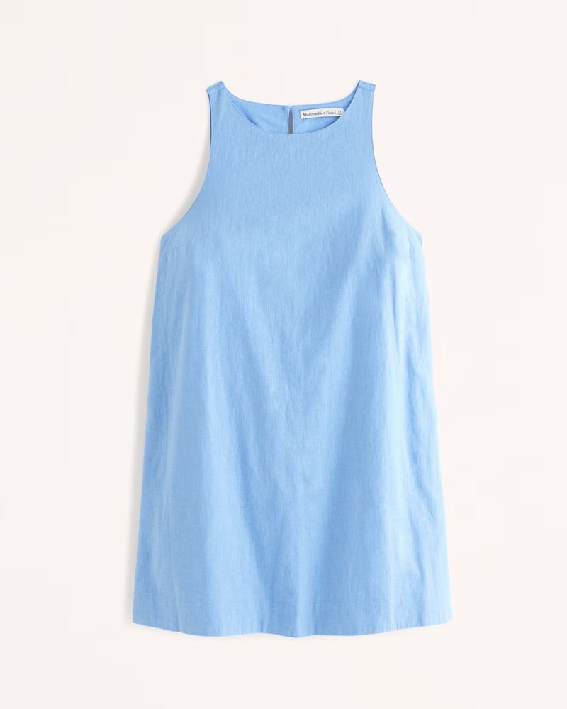 Abercrombie & Fitch Women's High-Neck Linen-Blend Mini Dress in Blue - Size XXS TALL | Abercrombie & Fitch (US)