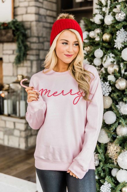Merry Script Light Pink Graphic Sweatshirt | The Pink Lily Boutique