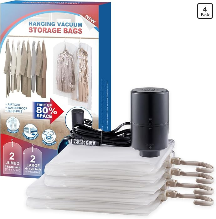 Hanging Vacuum Storage Bags, 4 Pack Hanging Storage Bags for Clothes With Electric Pump, Vacuum S... | Amazon (US)