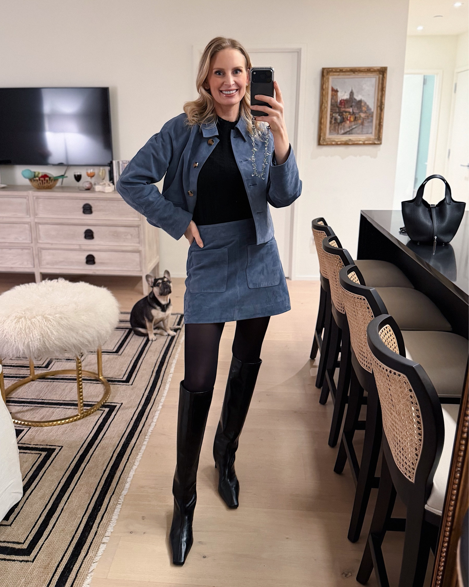Sure, you’ve heard of blue suede shoes… but what about the blue suede skirt set? Wearing the XS in the jacket and 2 in the skirt. 