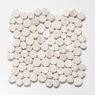 CRUZ BAY STUDIO Stone Penny Rounds Off-White 11-1/2 in. x 11-1/2 in. Honed Marble Mesh-Mounted Mo... | The Home Depot