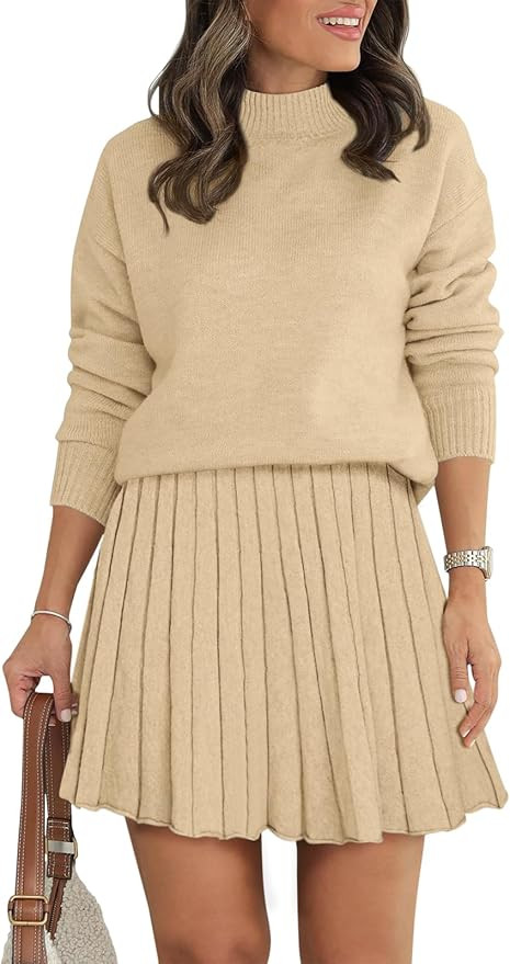Women's Two Piece Outfits Turtleneck Long Sleeve Ribbed Knit Tops Pleated Mini Skirt 2025 Casual ... | Amazon (US)