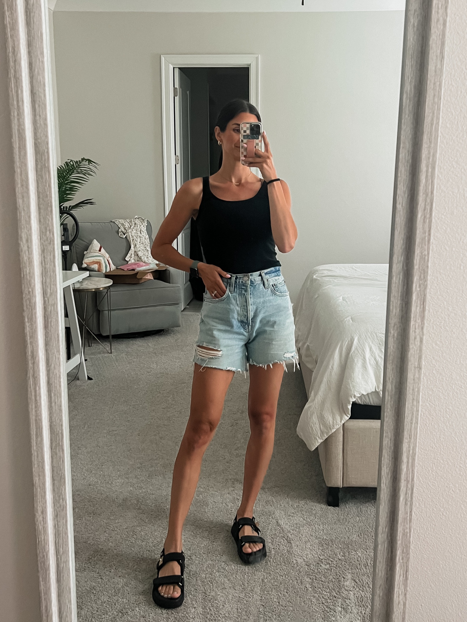 Mom approved jean shorts 🖤 how cute are these Steve Madden dupe sandals! TTS

Wearing a 25 but feel like they run a tad big! Size down if in between sizes. 

#LTKfindsunder50 #LTKstyletip #LTKSeasonal