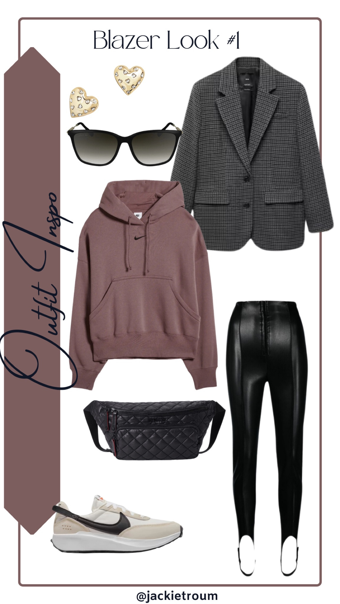 
How to wear a blazer #1

Houndstooth Blazer: Mango
Mauve Fleece Pullover: Nike 
Stirrup Faux Leather Leggings: Philosophy
Shoes: Nike
Bag: MZ Wallace
Sunglasses: Lacoste
Stud Earrings: Bauble Bar

#LTKitbag

#LTKSeasonal #LTKstyletip #LTKshoecrush