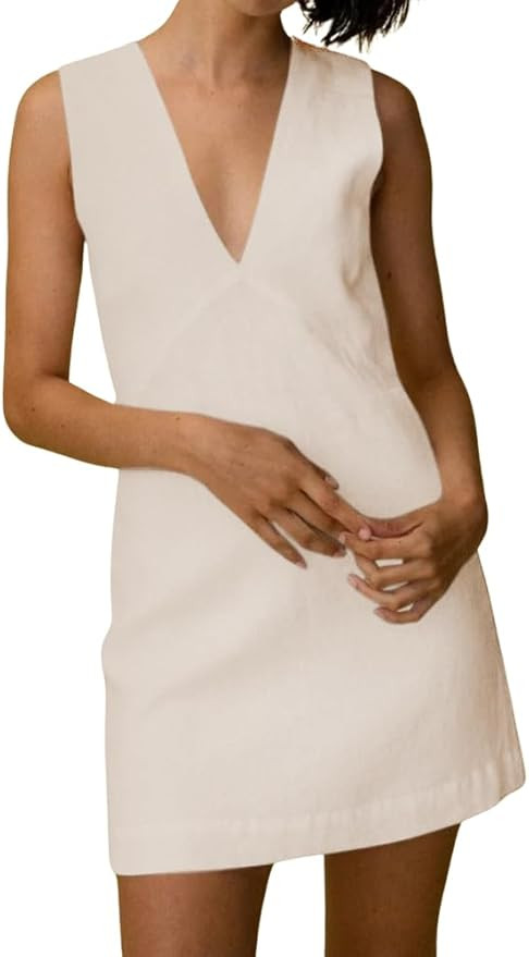 CHARTOU Women's Summer Sleeveless Mini Dress Cotton Linen V Neck Cinched A Line Slim Tank Short D... | Amazon (US)