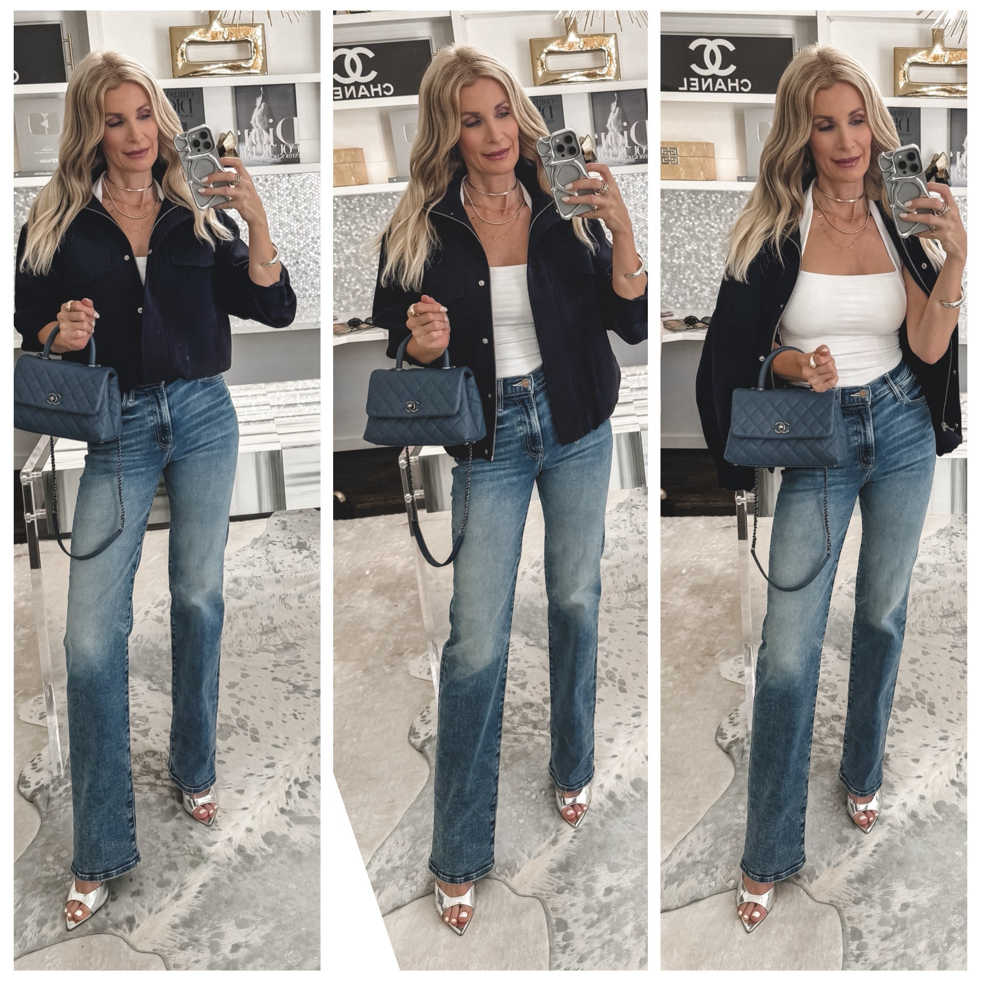 Trending now: the high collar bomber jacket. 💙

This one from Aritzia is SO good! It’s made from a high-quality, wrinkle-resistant crepe fabric that looks polished all day, comes in six gorgeous colors, and I’m especially loving the navy.

It’s such a versatile jacket—you can dress it up or down and style it so many different ways.

Sizing: It has an oversized fit, so I sized down to an XXS. I’m also wearing a size 24 in the denim and an XS in the white Aritzia halter top, which is another wardrobe basic I’m reaching for on repeat 

 #LTKootd #LTKgrwm #LTKOver40