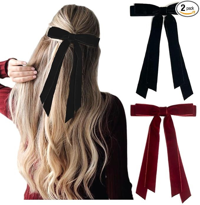 Velvet Hair Bows for Women Girls, Velvet Ribbon Bows for Hair Christmas Gifts, Black Burgundy Red | Amazon (US)