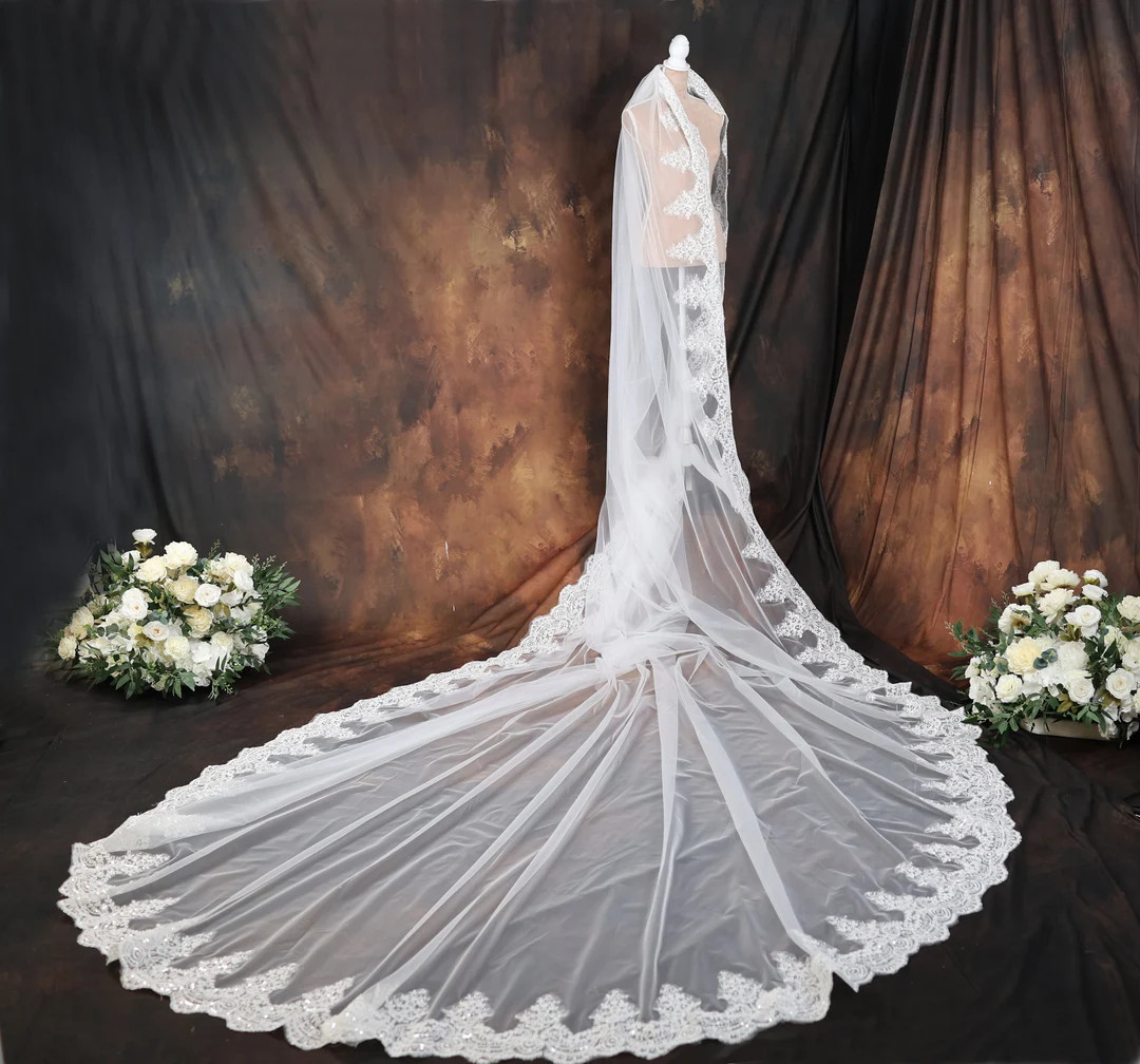 Cathedral Veil, Wedding Veil, Royal Veil, Long Appliqued Bridal Veil, Floral Lace, Sequined Lace ... | Etsy (US)