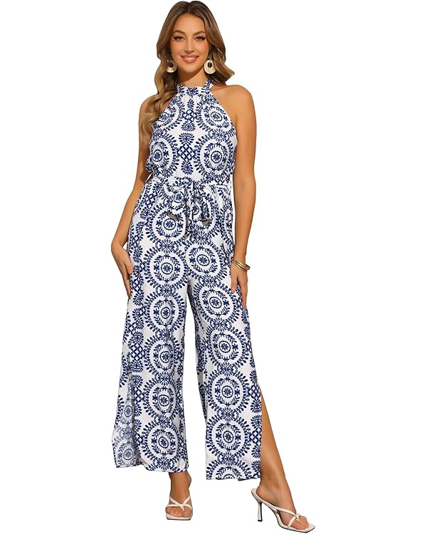Allegra K Casual Sleeveless Jumpsuit for Women's Boho Pattern Tie Halter Neck Beach Slit Wide Leg... | Amazon (US)