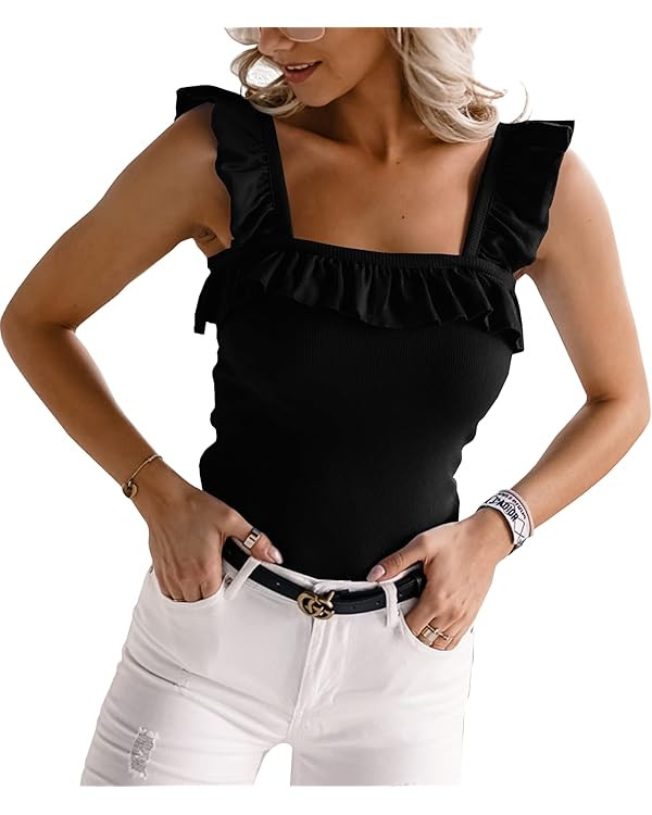 Womens Cute Sleeveless Tank Tops Ruffle Strap Square Neck Blouse Solid Color Knitted Camisole | Amazon (US)
