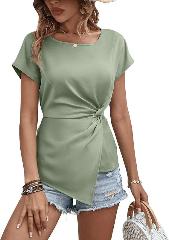 SweatyRocks Women's Twist Front Asymmetrical Hem Tops Summer Round Neck Short Sleeve Blouses | Amazon (US)