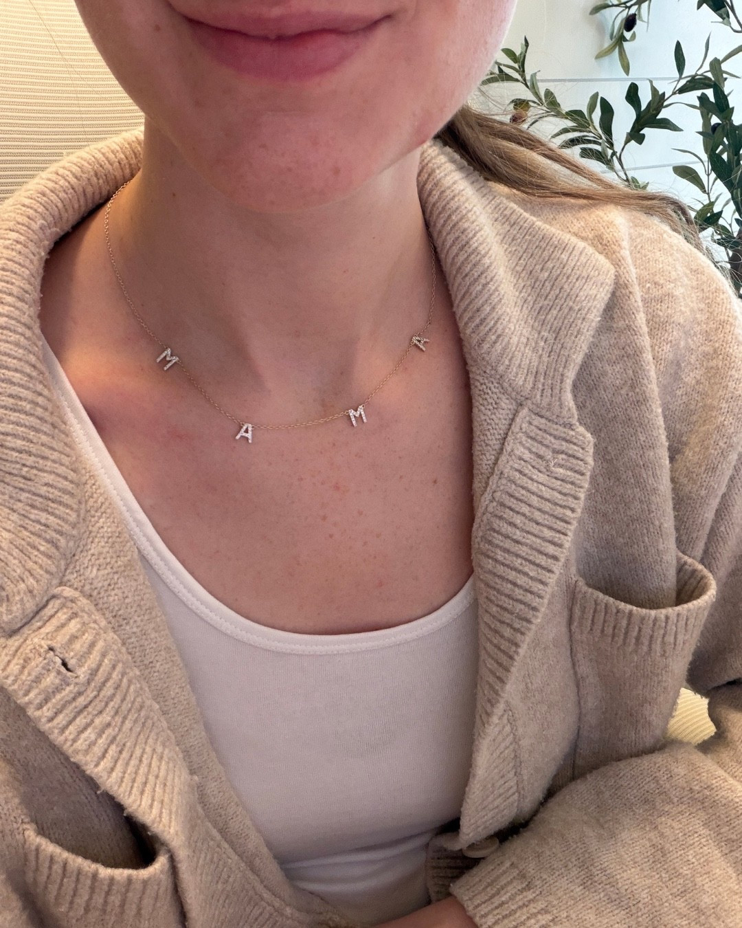 Daily jewelry, favorite necklace, fave brand, mama, mom necklace, accessories, deal, Etsy, durable jewelry, pave letter, 