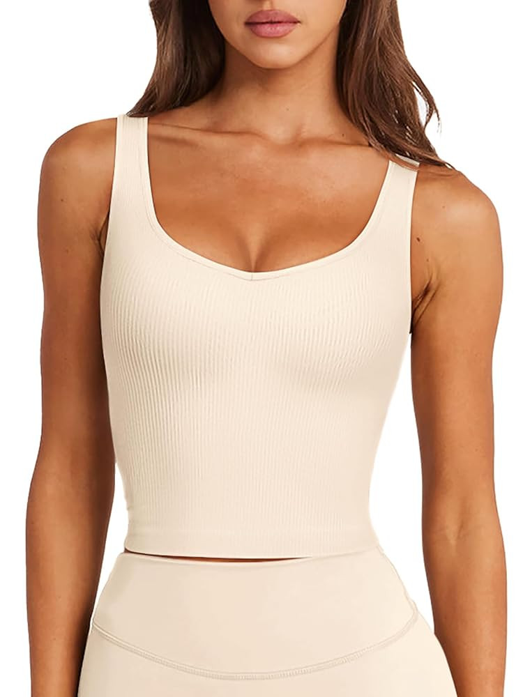 LASLULU Womens Longline Sports Bra Ribbed Seamless Wirefree Padded Tank Tops Medium Support Worko... | Amazon (US)