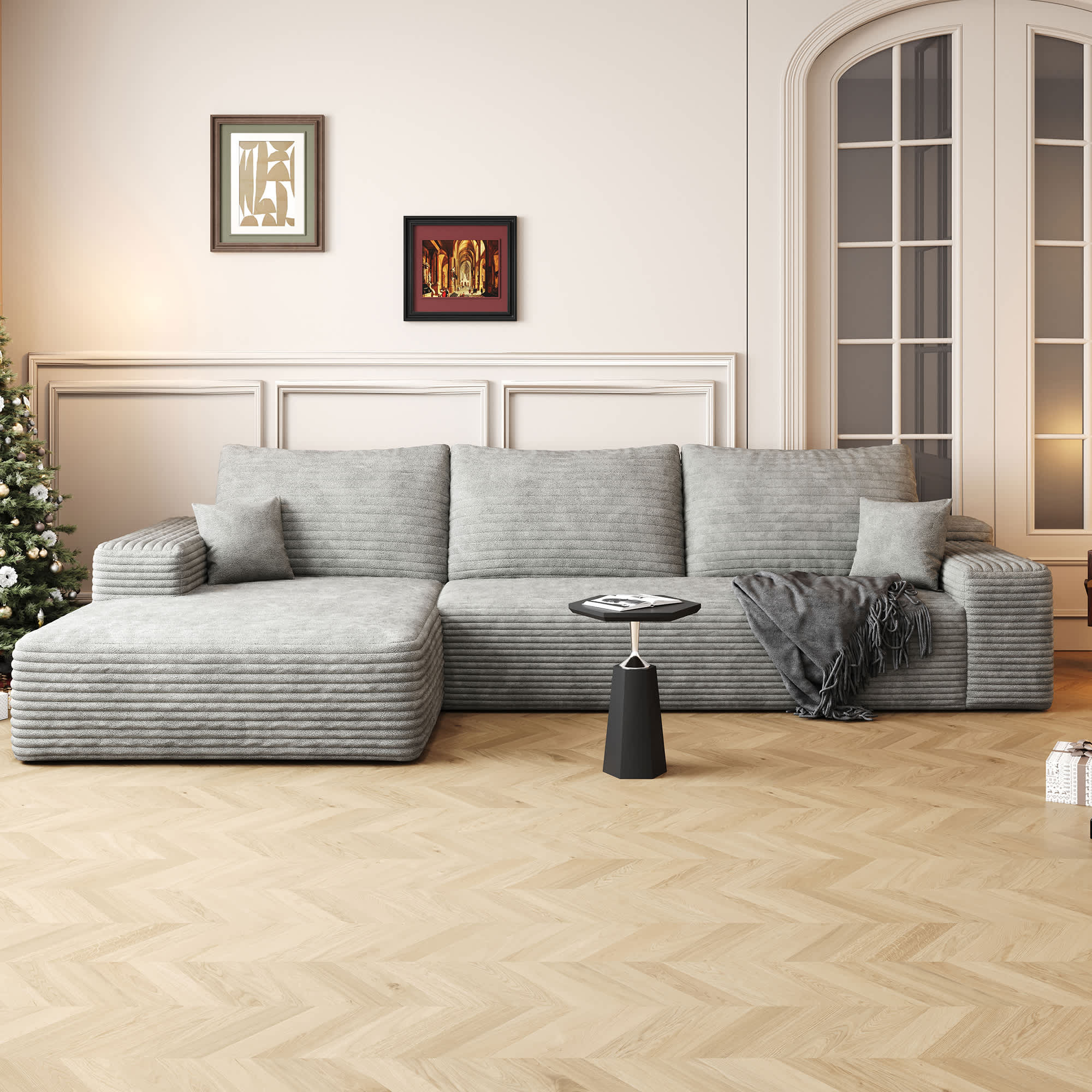 Misty Moon 107 Inch Gray Plush Corduroy Fabric Cloud Sectional Couch with L-Shape Chaise Modern Modular Sofa with Deep Seat for Living Room Bedroom | Lowe's