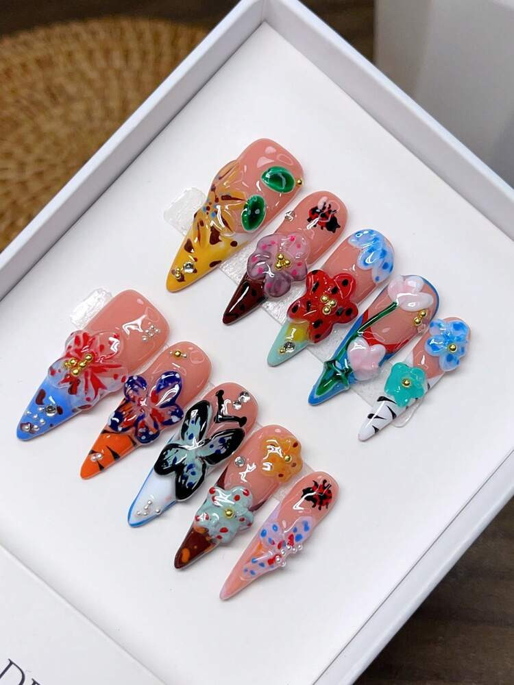 10Pcs/Pack, European And American Style Slender Pointed Nails, Press-On Nails, 3D Tropical Flower Carving Design, Hand-Painted Gradient Tie-Dye Hexagonal Pattern, Luxury Handmade Wearable Nails, Y2K Baddie Style, Elegant For Women And Girls Nail Supplies Nails | SHEIN
