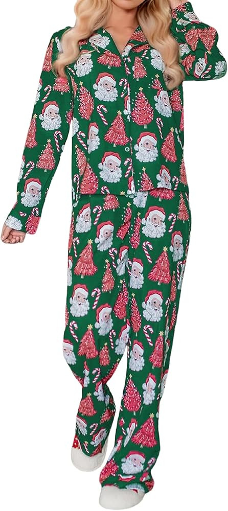 Faretumiya Women Silk Satin Christmas Pajamas Xmas Long Sleeve Sleepwear Holiday Print Two Piece ... | Amazon (US)