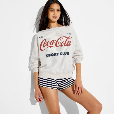 Women's Off the Shoulder Coca-Cola Graphic Pullover Sweatshirt - Gray S | Target