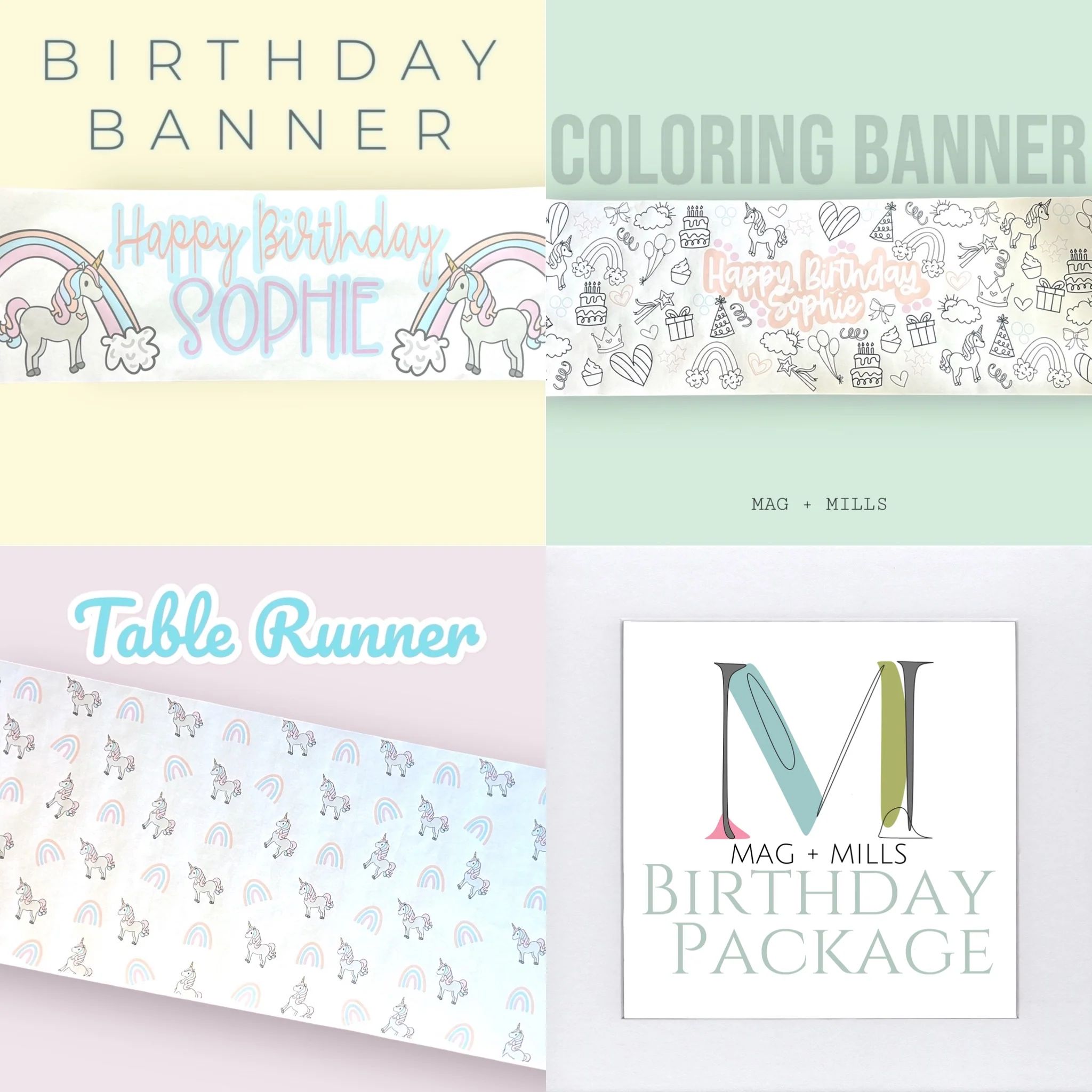 Birthday Banner + Coloring Banner + Table Runner Bundle | Mag & Mills