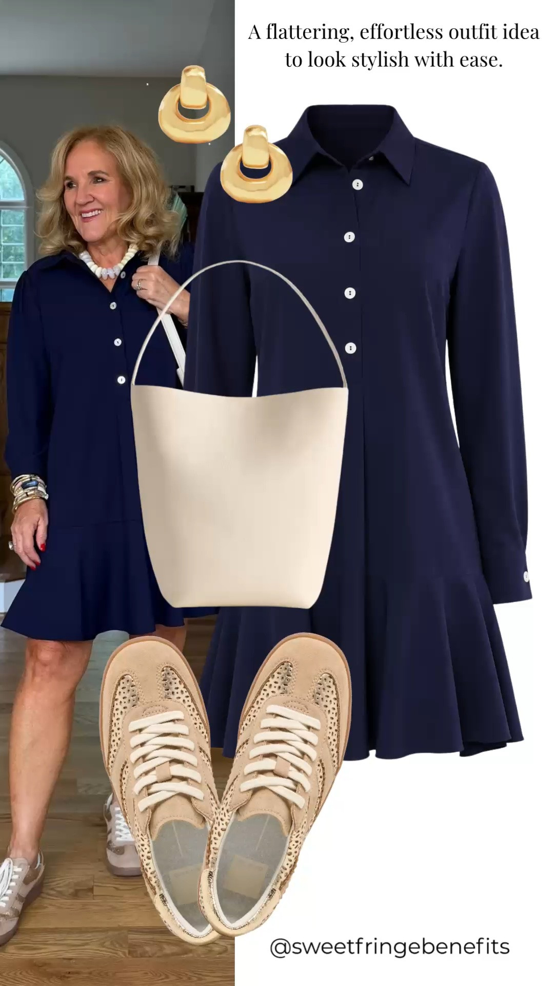 A navy shirt dress is one of those effortless pieces that makes getting dressed so easy. The simple button-front design and softly flared hem create a flattering, feminine shape, while neutral sneakers and a cream bag keep the look comfortable and modern. It’s an easy choice for running errands, lunch, travel, or everyday plans.

💡 LTK MADE EASY
❤️ Heart = Support my posts!
🔖 Save = Get sale & restock alerts
📋 Lists = Keep favorites organized
📲 Share = Send lists and products to a friend. Hello, Christmas List!
💬 Comment = Ask me anything about what I'm wearing.:-)

#LTKdayinmylife #LTKootd #LTKOver40