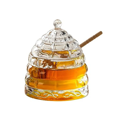 GMFINE Glass Honey Jar with Wood Dipper Stick, Beehive Honey Pot Containers with Dipper and Lid Set for Storing Honey and Syrup, 10 oz, Clear | Amazon (US)