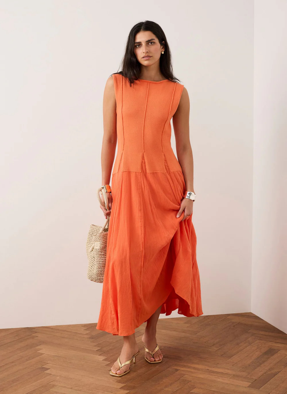 Orange Cotton Blend Drop Waist Maxi Dress | Mint Velvet