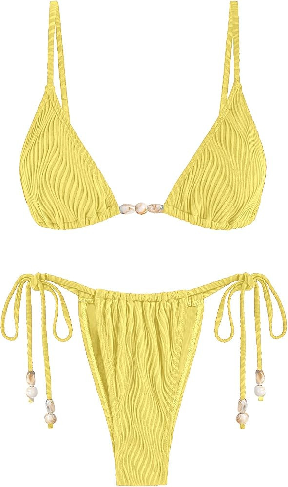 seamoly Women's Bikini Sets Ribbed Beaded Adjustable Spaghetti Strap Swimsuit Tie Side Thong Sexy... | Amazon (US)