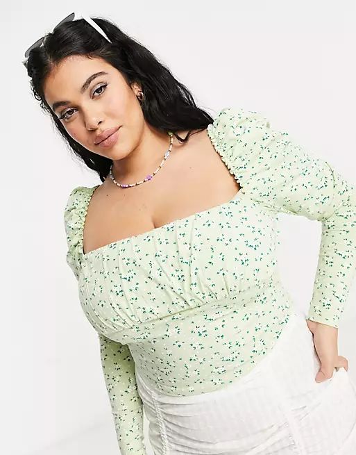 ASOS DESIGN CURVE square neck ruched bust long sleeve top in floral | ASOS (Global)