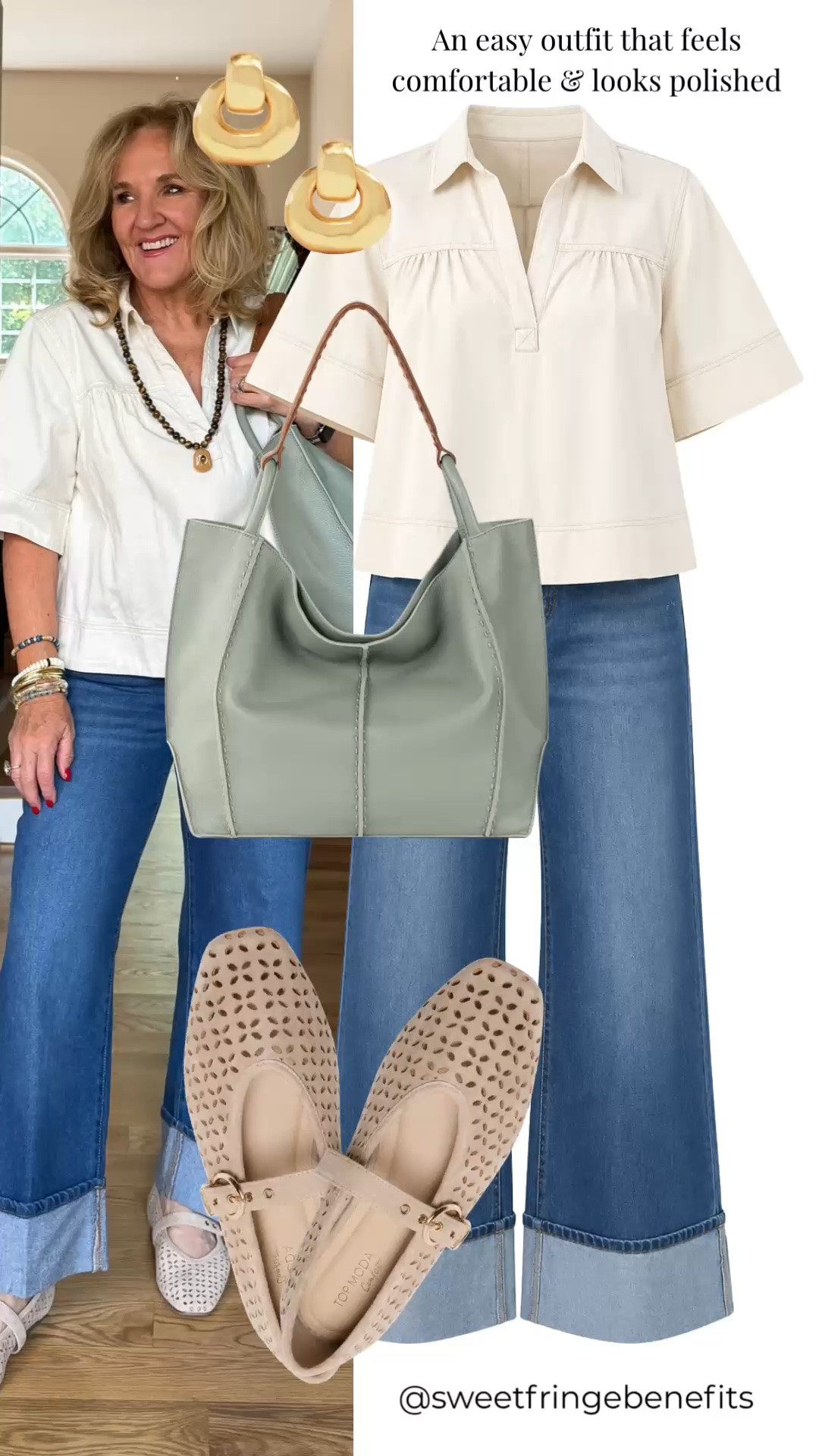This cream short-sleeve top is an easy polished alternative to a basic tee. Paired with wide-leg cuffed jeans, woven flats, and a sage green tote, it’s comfortable, fresh, and easy to wear all day.

💡 LTK MADE EASY
❤️ Heart = Support my posts!
🔖 Save = Get sale & restock alerts
📋 Lists = Keep favorites organized
📲 Share = Send lists and products to a friend. Hello, Christmas List!
💬 Comment = Ask me anything about what I'm wearing.:-)

#LTKootd #LTKdayinmylife #LTKOver40